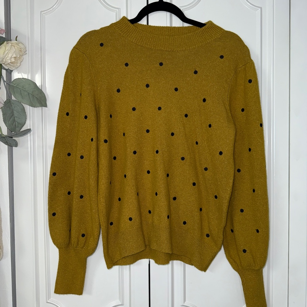 Who What Wear Mustard Crewneck Sweater with Black Polka Dots